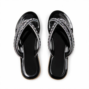Womens Black  Rhinestone  Thong Sandals