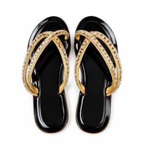 Womens Black and Gold Rhinestone Luxury Flip Flops