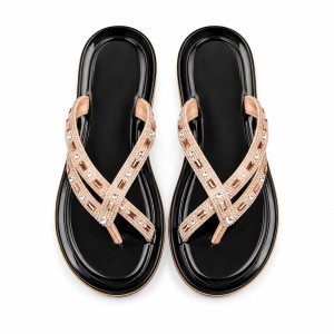 Womens Black and Rose Gold Rhinestone Toe Post Sandals
