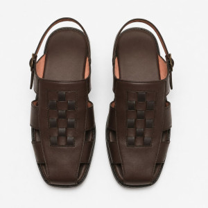 Men Brown Leather Woven Fisherman Sandals with Ankle Strap