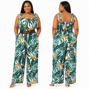 Womens Plus Size Tropical Print Sleeveless Jumpsuit