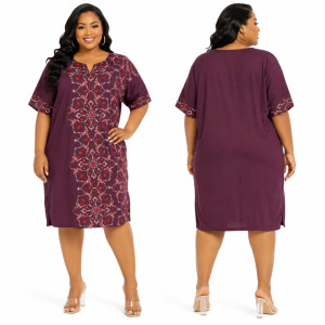 Womens  Plus Size Burgundy Floral Print Shift Dress