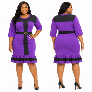 Womens  Plus Size Purple Color Block Ruffle Hem Midi Dress