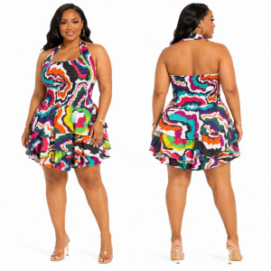 Womens  Abstract Print Smocked Halter Mini Dress