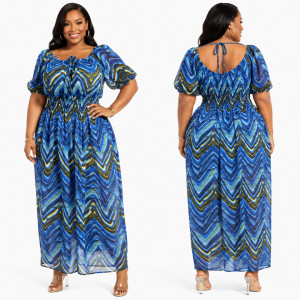 Womens  Blue Abstract Print Smocked Midi Dress
