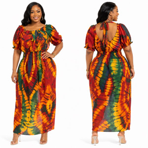 Womens  Plus Size Tie Dye Puff Sleeve Maxi Dress