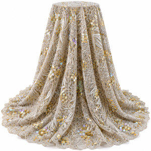 Luxury Champagne Gold Floral Embroidered Lace Fabric