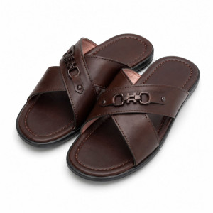Mens Brown Leather Cross Strap Slip On Shoe