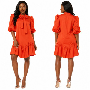 Elegant Coral Puff Sleeve Mini Dress for Women