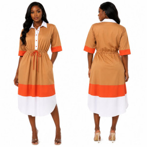 Color Block Drawstring Waist Shirt Dress