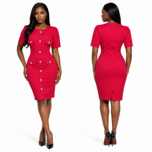 Red Short Sleeve Button Front Knee Length Dress