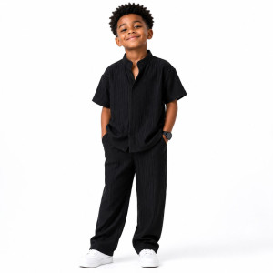 Black Pleated Two Piece Short Sleeve Top and Trousers Set for kids