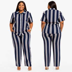 Womens Navy Blue and White Striped Two Piece Set