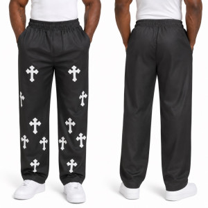 Unisex Black Cross Print Casual Trousers