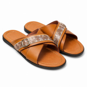 Leather Slip On Sandals with Double Strap & Buckle Detail for Men