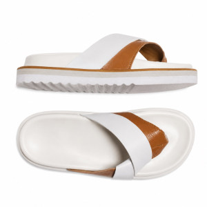 Unisex White and Brown Cross Strap Slide Sandals