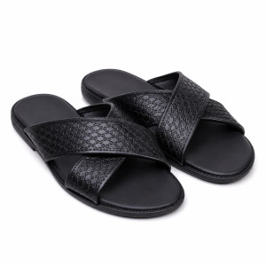 Mens  Black Textured Cross Strap Slide Sandals