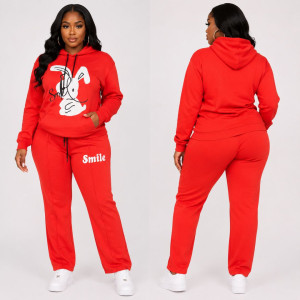 Vibrant Red Rabbit Graphic Hoodie and Joggers Set