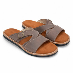 Mens Brown Cross Strap Comfort Slide Sandals