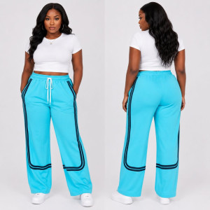 Sky Blue Casual Straight Leg Trouser with Navy Contrast Stripes