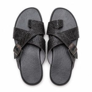 Mens  Black Textured Cross  Strap Slide Sandals