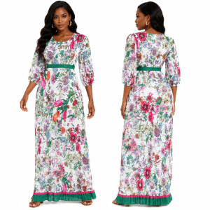 Vibrant Floral Print Pleated Maxi Dress with Green Waist Detail