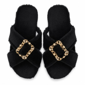Womens Black Plush Cross Strap Slide Slippers