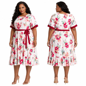 Womens Floral Print Midi Dress with Waist Tie