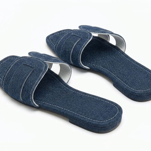 Womens Dark Denim Flat Slide Sandals