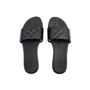 Womens Black Flat Slippers with Gold Crown Detail