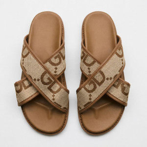 Quality Men Brown Dual Strap Monogram Slide Sandals