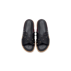Mens Black Textured Criss Cross Slide Sandals with Stud Embellishments