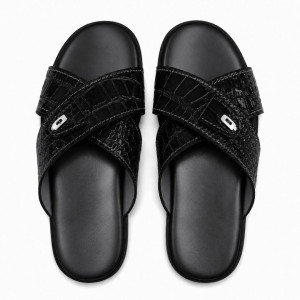 Black Glossy Croc Embossed Cross Strap Slides