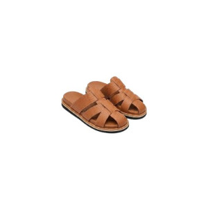 Handcrafted Brown Leather Slides with Woven Cross Strap Design