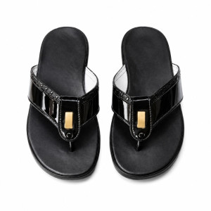Black Patent Finish Thong Slide Sandals for Casual Wear