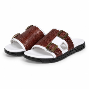 Luxury Brown Embossed Double Buckle Slide Slippers