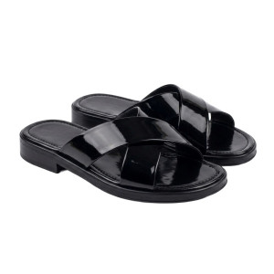 Black Patent Leather Cross Strap Slide Sandals with Detailed Stitching