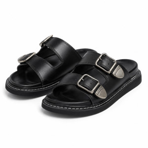 Luxury Black Double Buckle Slide Sandals