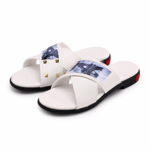 Luxury White Cross Strap Studded Slide Slippers