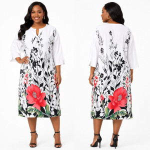 White Floral Print Midi Kaftan Dress
