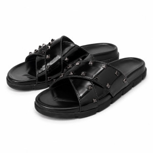 Luxury Black Studded Cross Strap Slide Sandals
