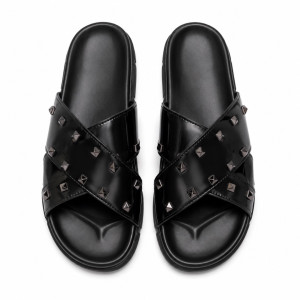 Luxury  Black Studded Cross Strap Slide Sandals