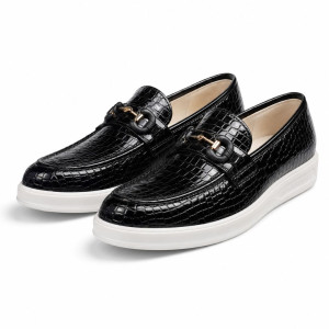 Mens Premium Black Crocodile Texture Platform Loafers