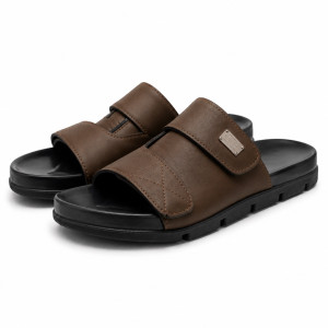 Luxury  Brown Wide Strap Slide Sandals