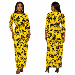 Yellow Floral Print Pleated Maxi Dress with Waist Tie