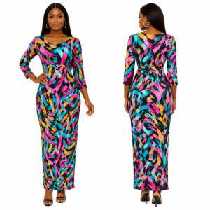 Vibrant Abstract Print Pleated Maxi Dress with Waist Tie