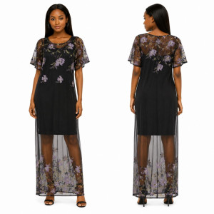 Floral Embroidered Mesh Overlay Maxi Dress