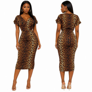 Leopard Print Ruched Midi Dress with V Neckline