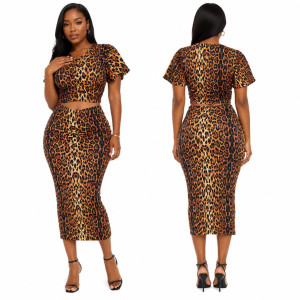 Leopard Print Ruched Two Piece Crop Top and Midi Skirt Set