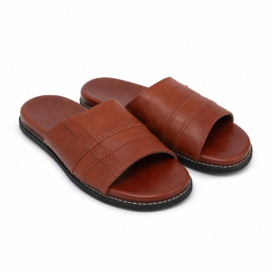 Luxury Cognac Brown Cross Strap Leather Slippers